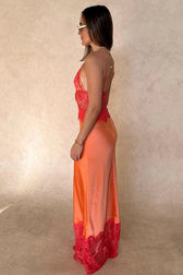 Low Plunge Lace Insert Open Back Lace Dress