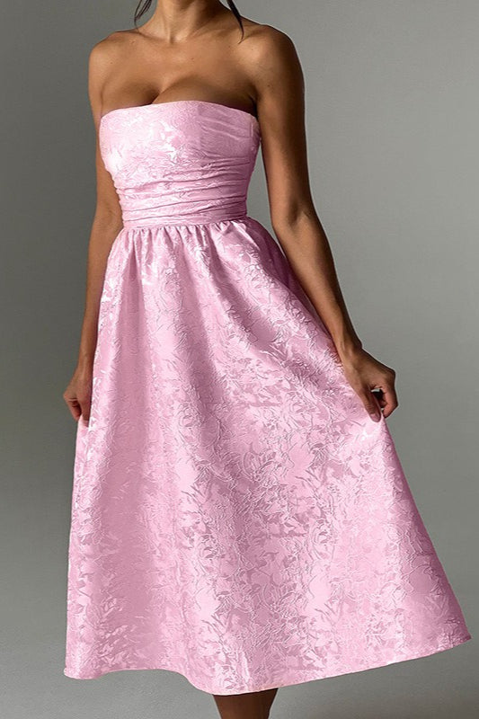 Jacquard Satin Strapless Ruched Waist Fit and Flare Midi Dress