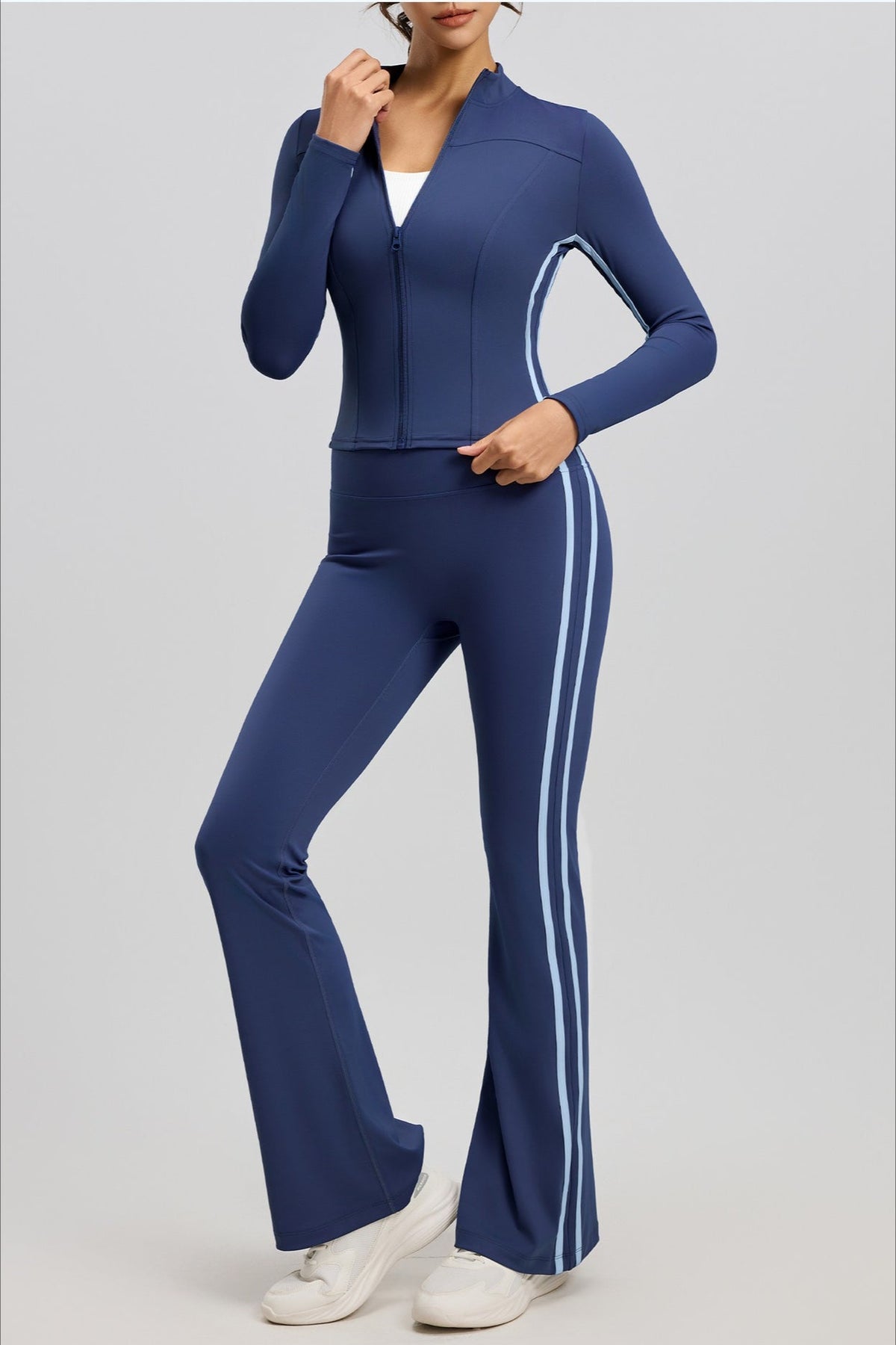 Mock Neck Zip Front Jacket and Side Stripe Flare Leggings Two Piece Set 3