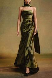 One Shoulder Ruffle Tie Maxi Prom Dress