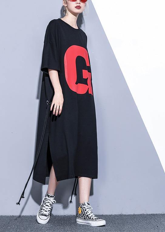 Graphic Letter Oversized Crew Neck Short Sleeve Side Slit Drawstring Midi Dress