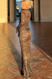 Deep V Lace Sheer Pattern Long Sleeve Maxi Lace Dress