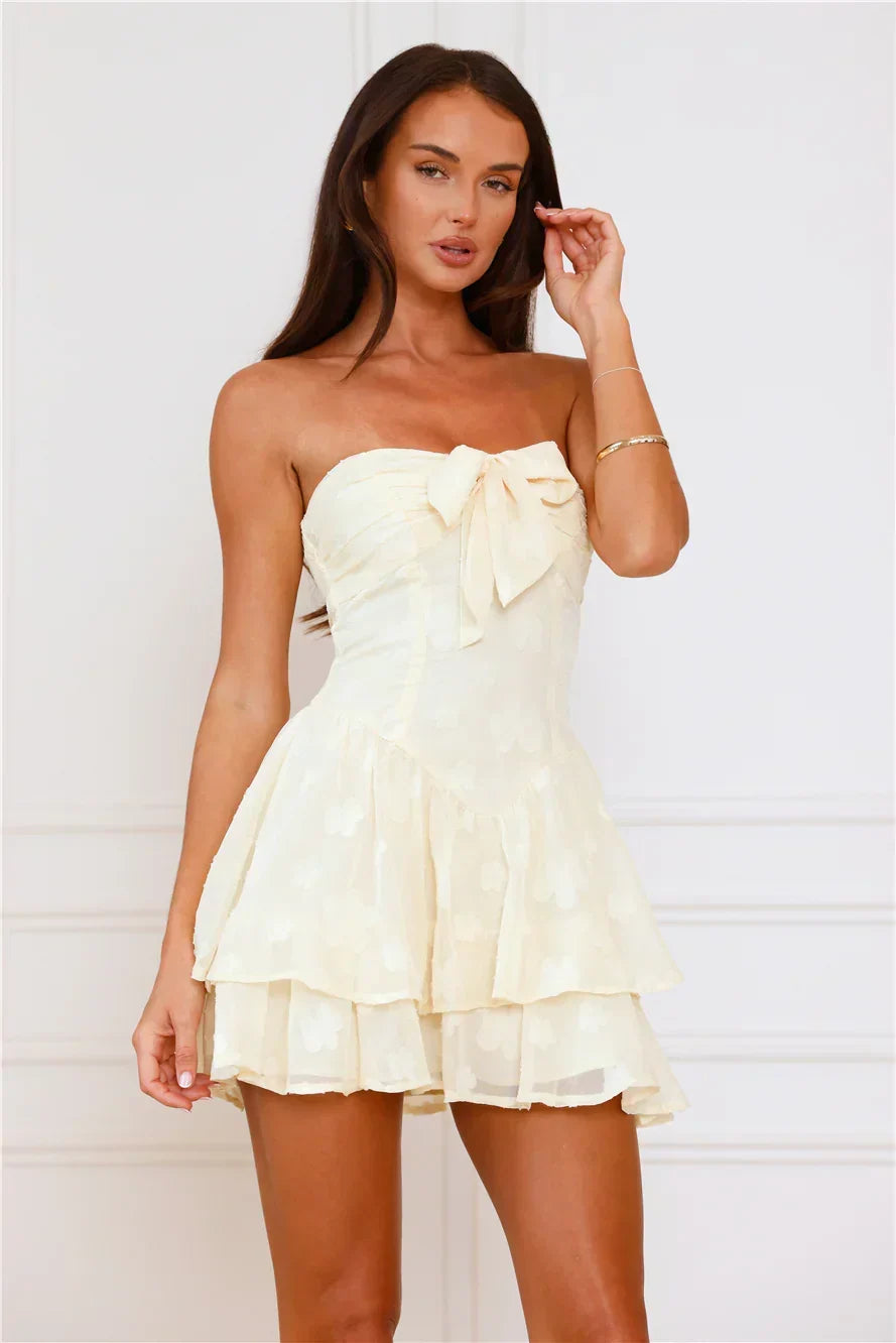 Floral Jacquard Strapless Bow Front Drop Waist Tiered Mini Dress