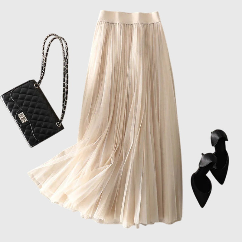 High Waist Pleated Tulle Midi Skirt