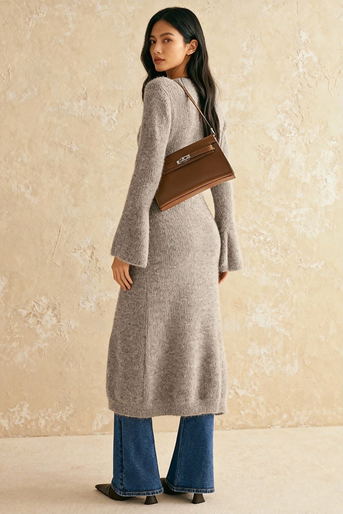 V-Neck Bell Sleeve Button Front Longline Fuzzy Knit Cardigan 4