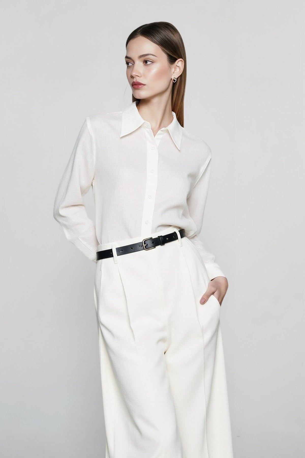 Pointed Collar Long Sleeve Linen Look Curved Hem Button Up Shirt 4