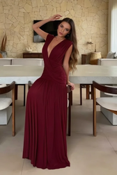 Solid Deep V Ruched Asym Party Dress