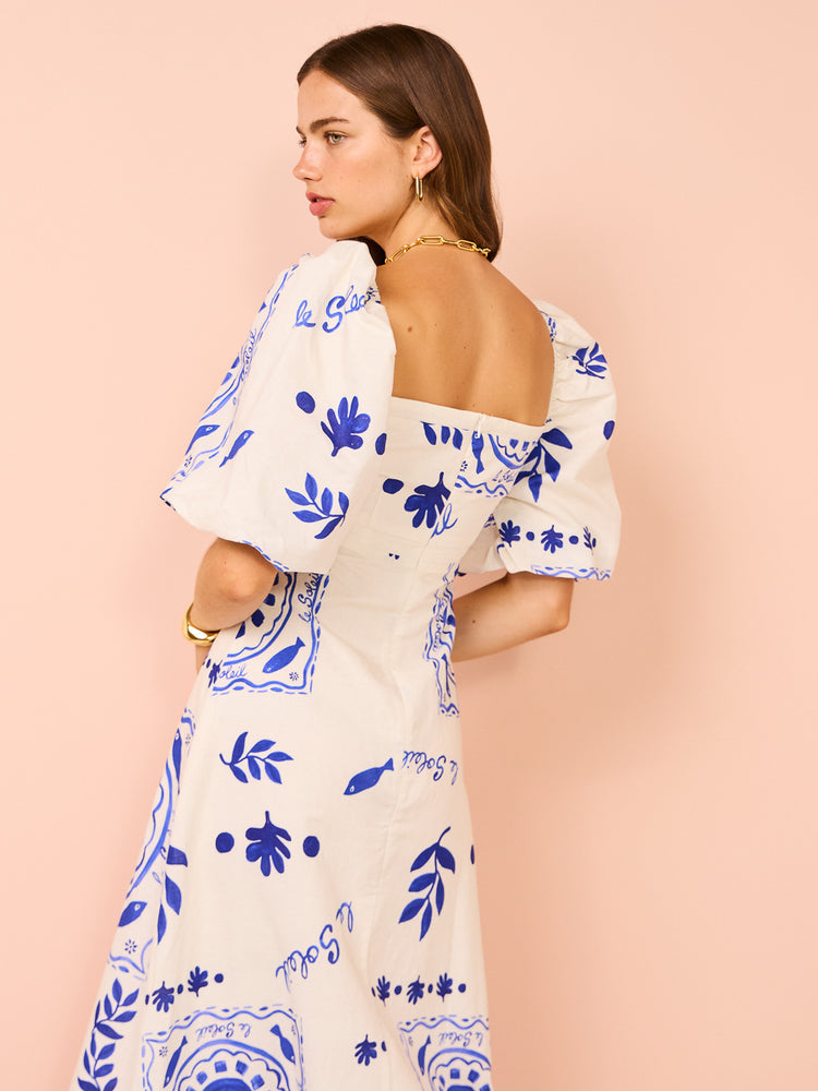 Mediterranean Puff Sleeve Midi Dress