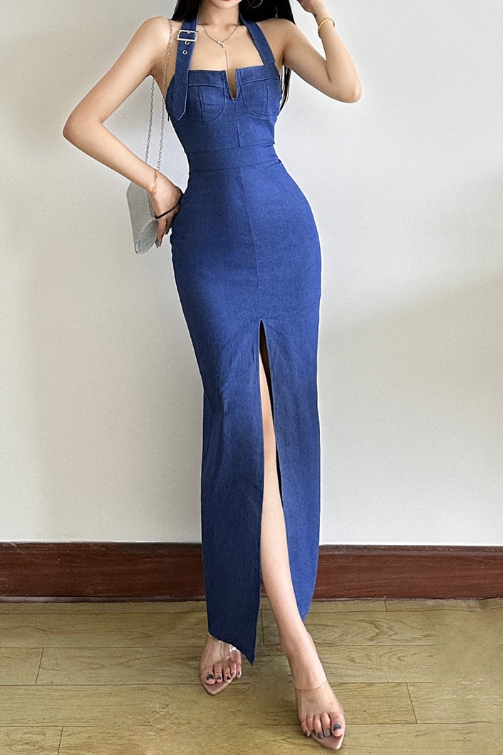 Halter Edition Split Maxi Denim Dress