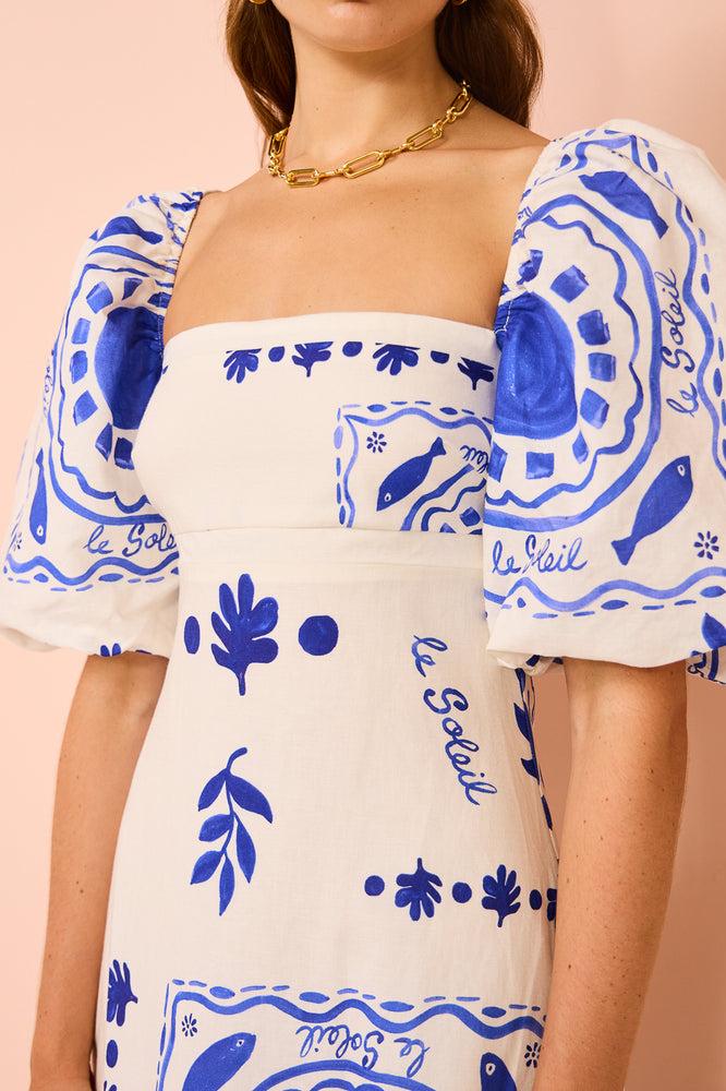 Sleeve Mediterranean-Puff Midi Dress