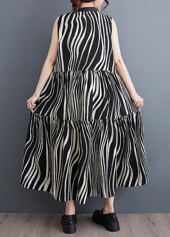 Wavy Stripe Print Band Collar Button Front Tiered Sleeveless Maxi Dress