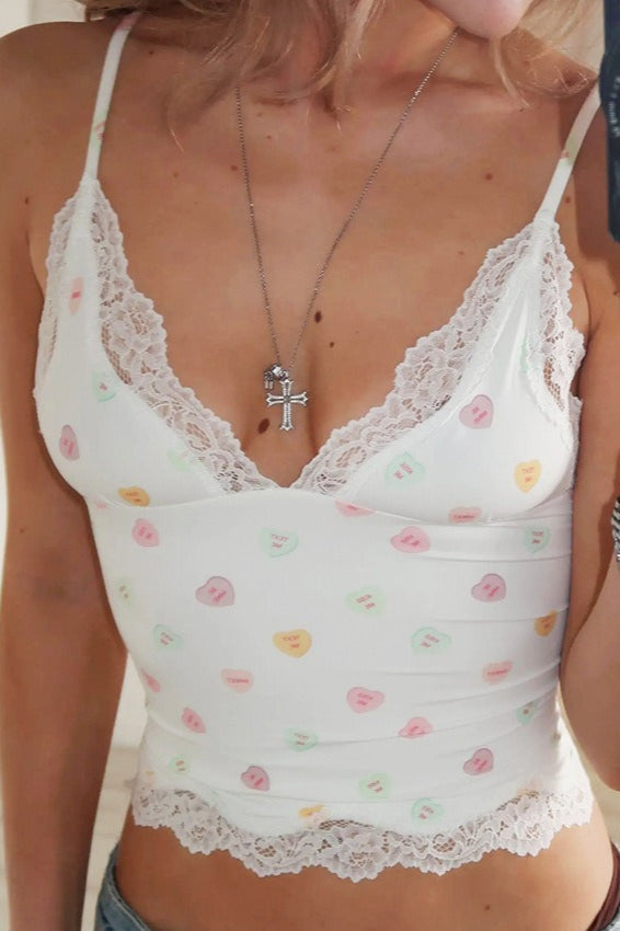 Heart Floral Lace Trim Crop Cami Top