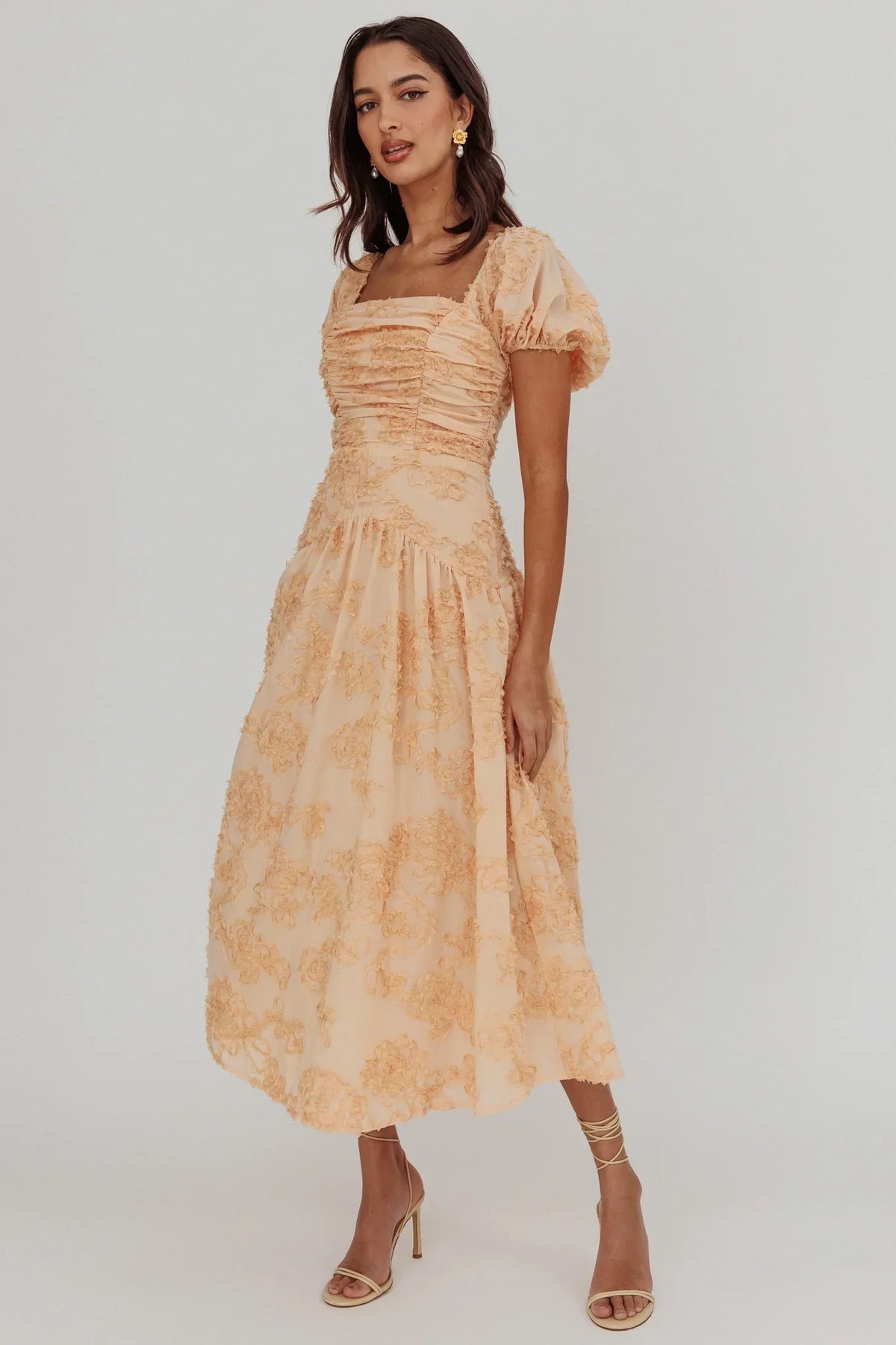 Textured Floral Square Neck Puff Sleeve Ruched Bodice Midi Dress
