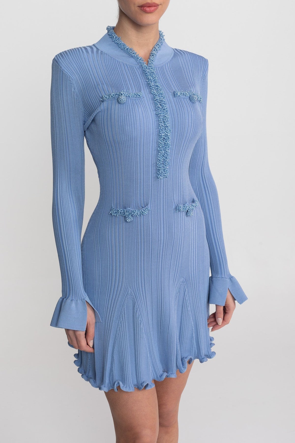 Ribbed Knit Beaded Trim Long Sleeve Flared Cuff Ruffle Hem Mini Dress 4