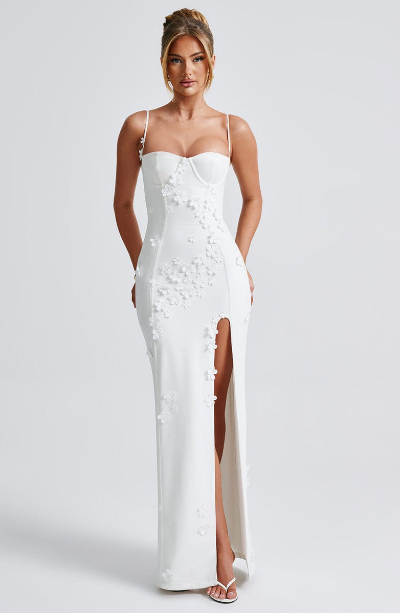 3D Floral Applique Bustier Spaghetti Strap High Split Maxi Dress 11