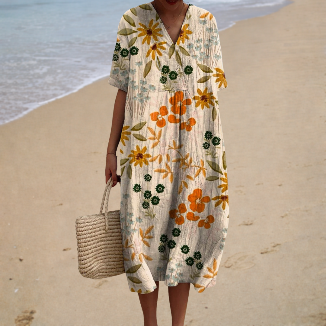 Floral V-Neck Short Sleeve Loose Pocket Midi Dress