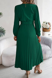 Solid Color Elegant V-neck Buttoned Lace-up Pleated Maxi Dress - View 25