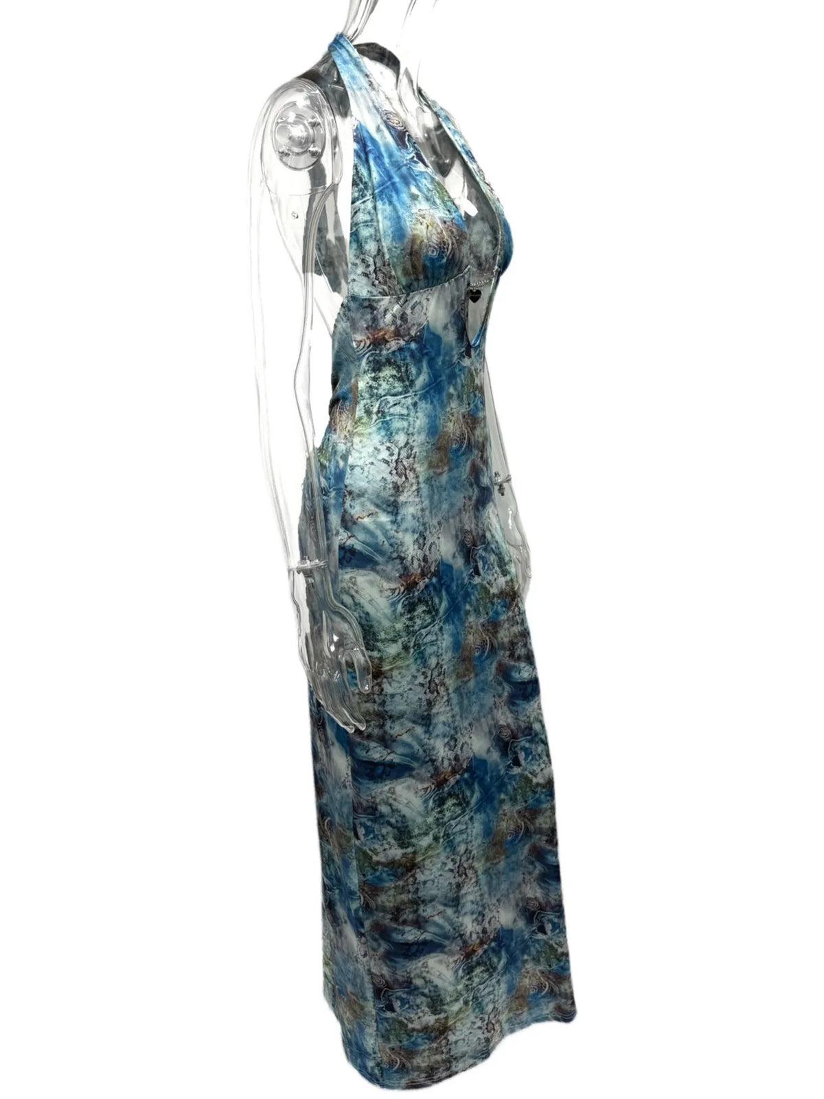Abstract Print Halter Neck Plunge Bodycon Maxi Dress 7