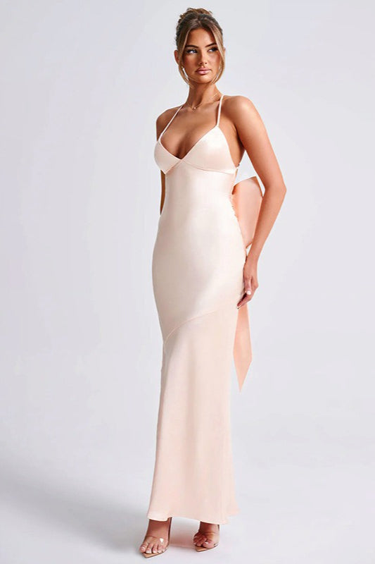 Satin V-Neck Spaghetti Strap Backless Bow Back Maxi Dress
