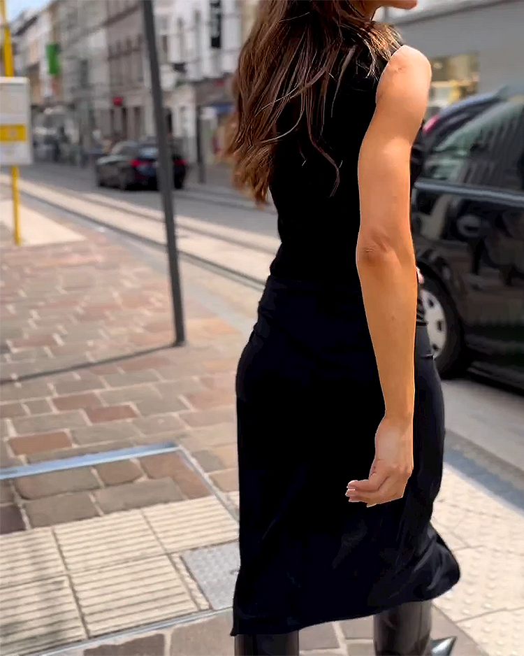 Mock Neck Sleeveless Twist Front Asymmetric Maxi Dress