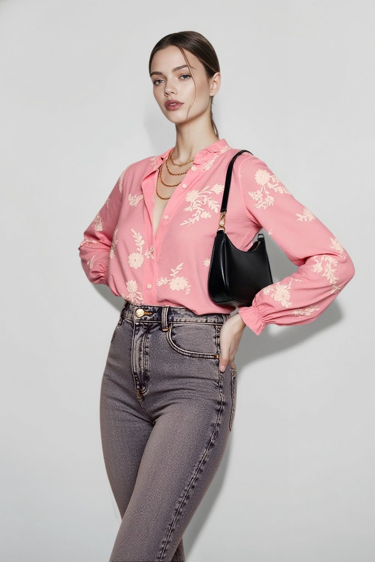 Floral Print Lantern Sleeve Button Front Collared Blouse 2