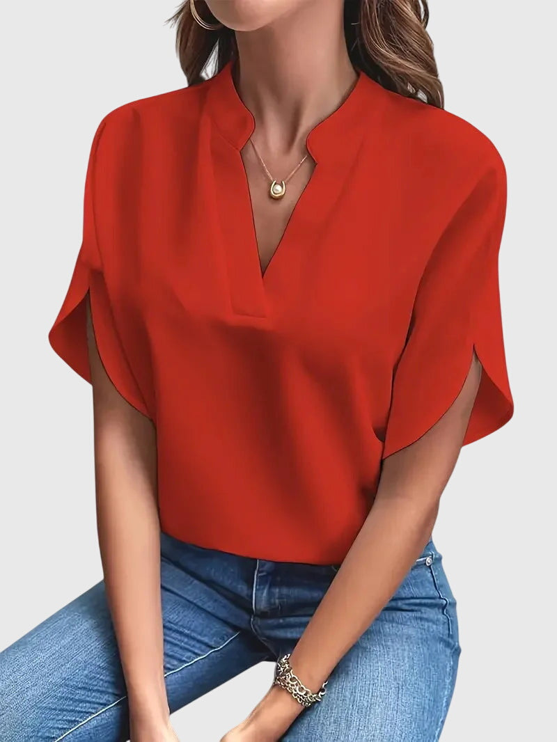 Split Neck Short Dolman Sleeve Satin Blouse