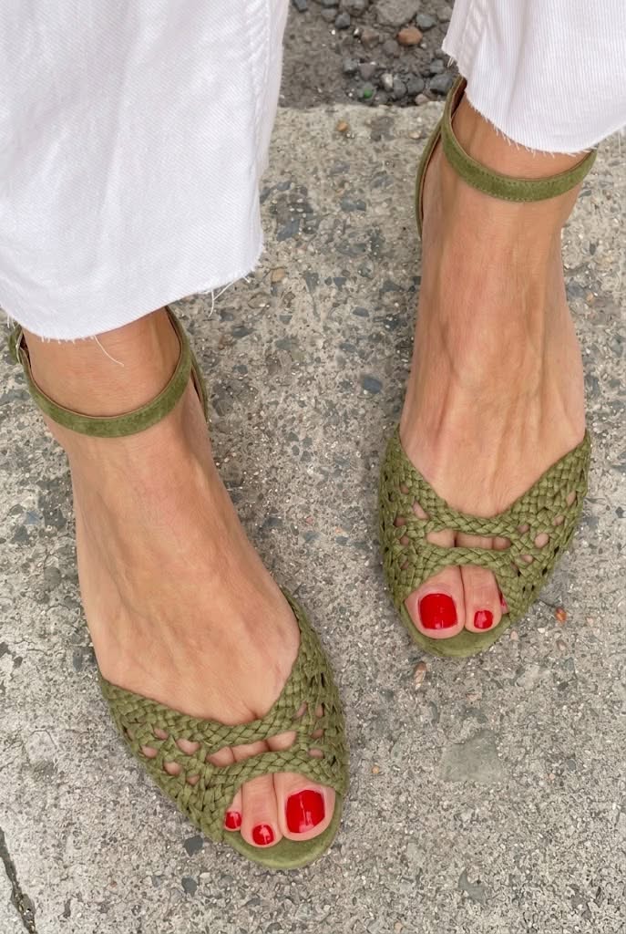 Woven Peep Toe Ankle Strap Flat Sandals