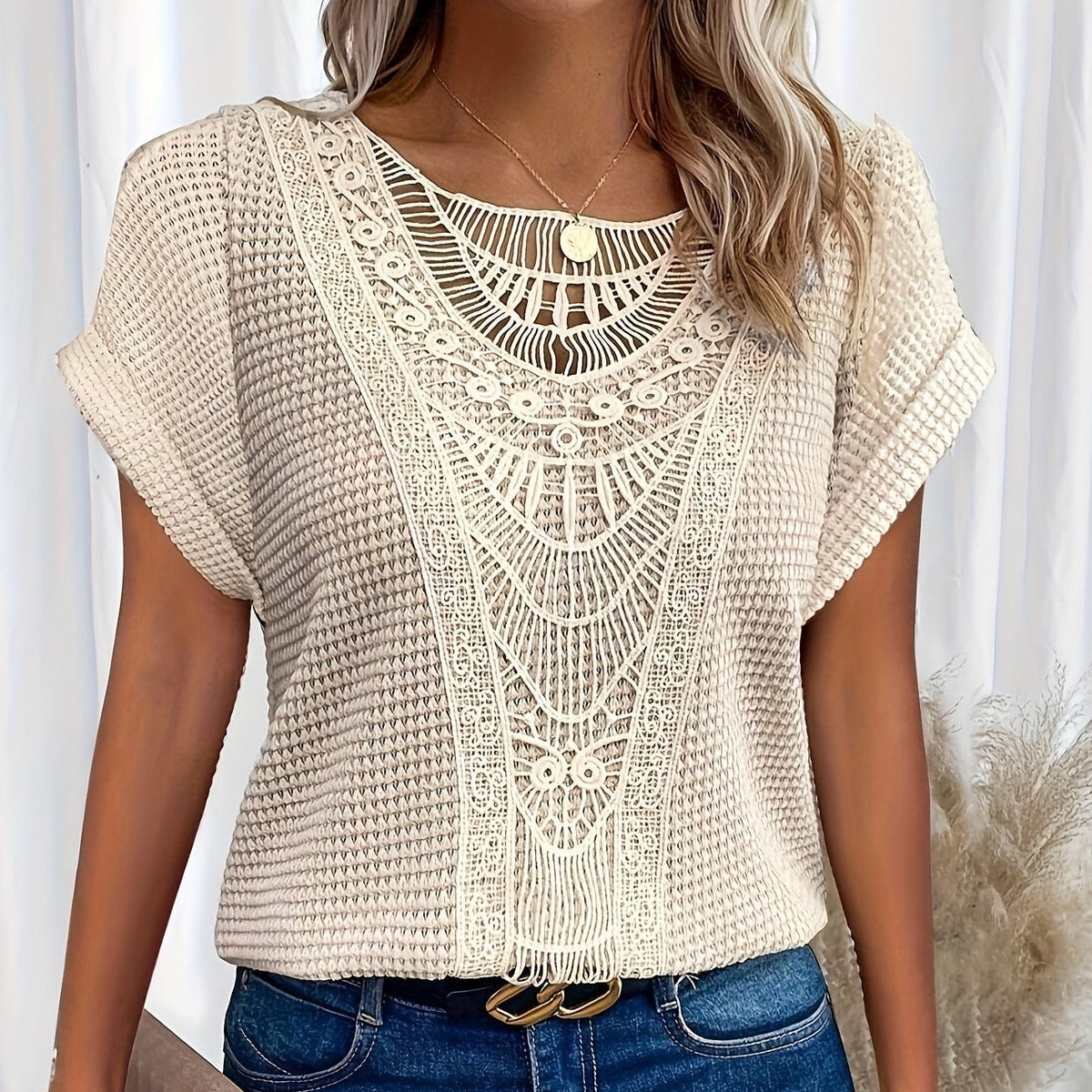 Crochet Lace Panel Round Neck Short Sleeve Waffle Knit Top