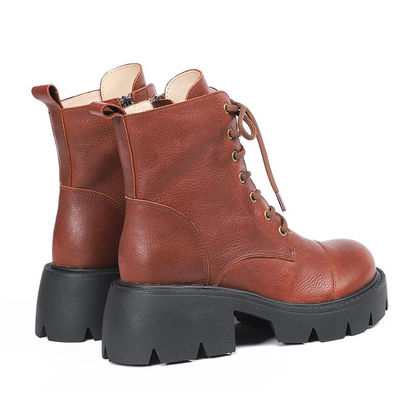 Genuine Leather Boots Lace-Up Combat Boots Retro Chunky Ankle Boots