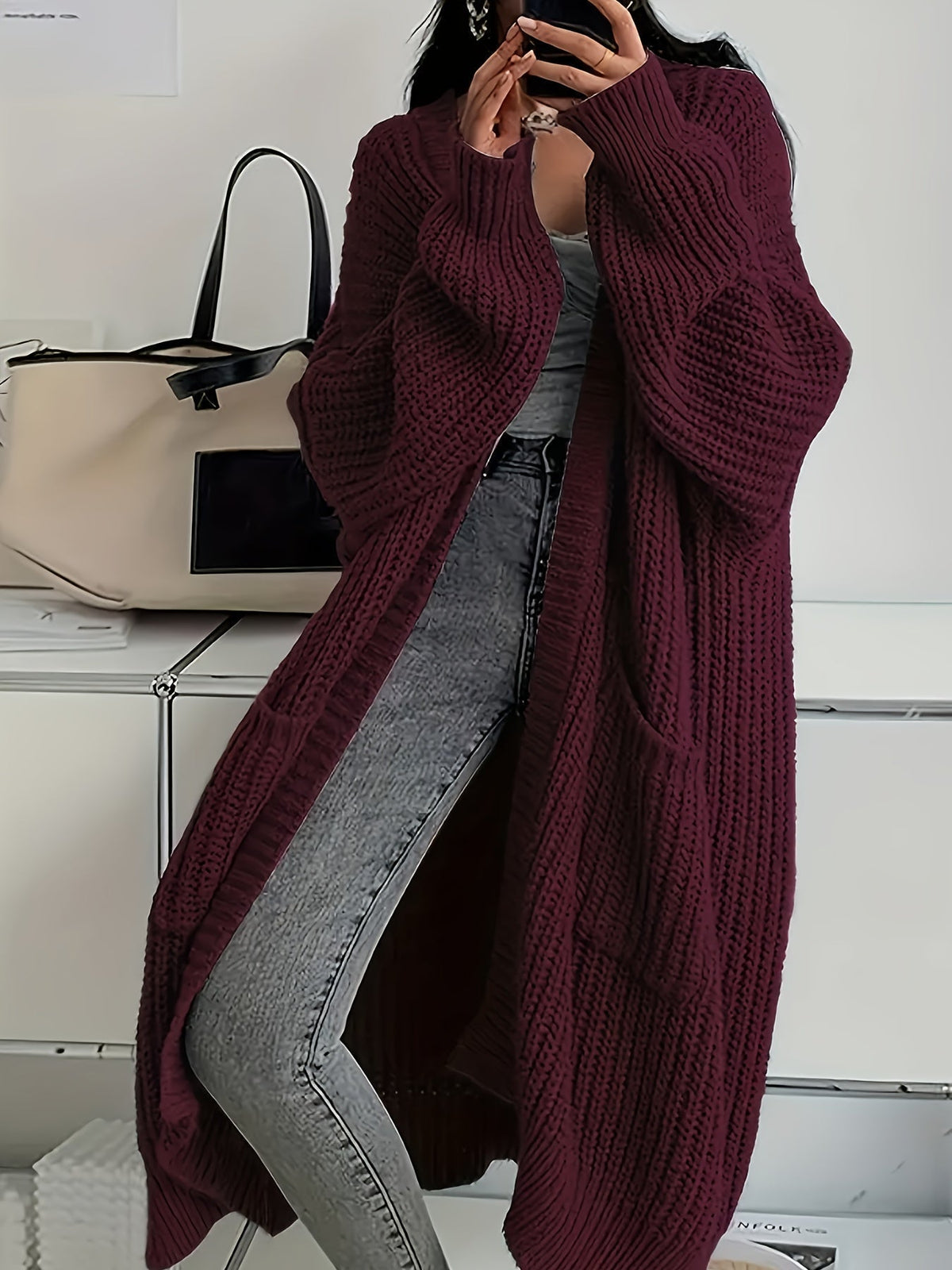 Waffle Knit Longline Open Front Cardigan