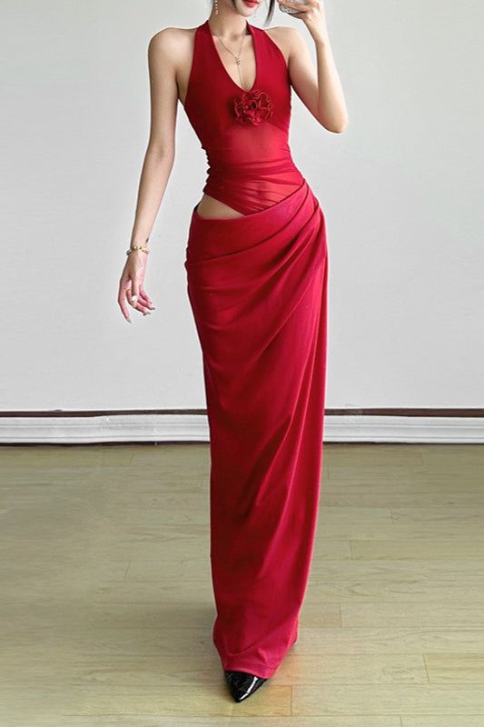 Sheer VNeck Halter Party Dress