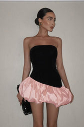 Elegant Velvet Paneled Strapless Puff Mini Dress