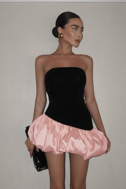 Velvet Strapless Contrast Bubble Hem Mini Party Dress