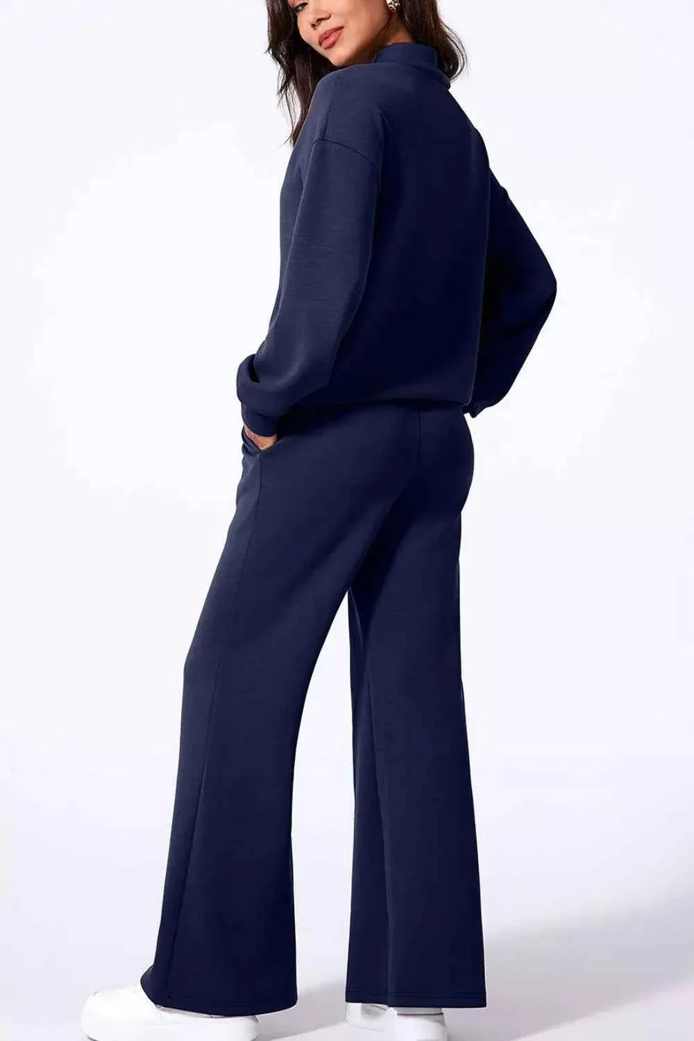 Solid Color Cowl Neck Drawstring Pullover Wide Leg Athleisure Pants Set