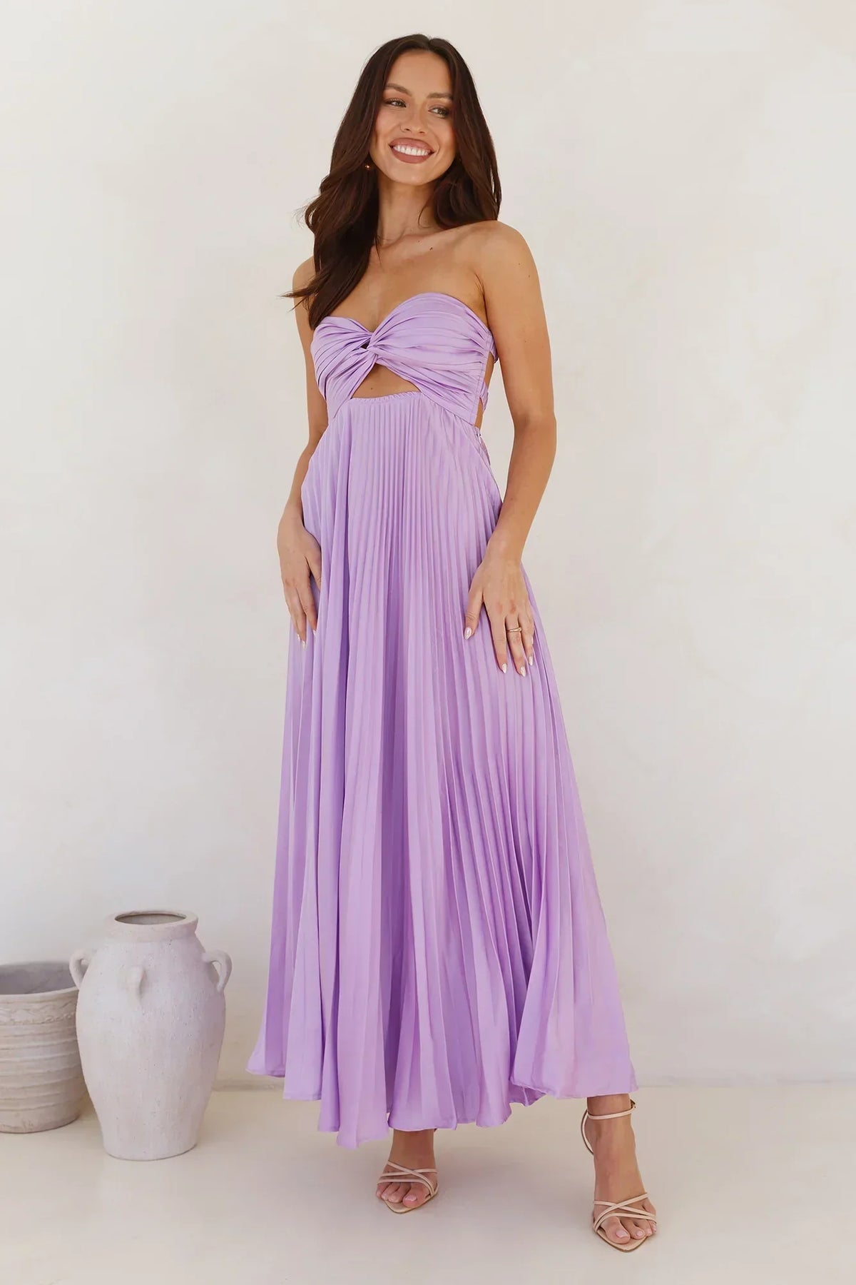 Satin Strapless Twist Front Cut Out Pleated Maxi Dress 4