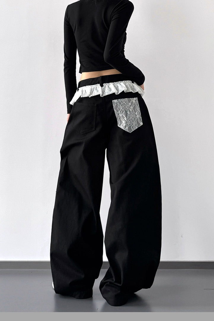 High Waist Lace Paneled Straight Wide Leg Floor Length Jeans