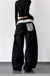 High Waist Lace Paneled Straight Wide Leg Floor Length Jeans