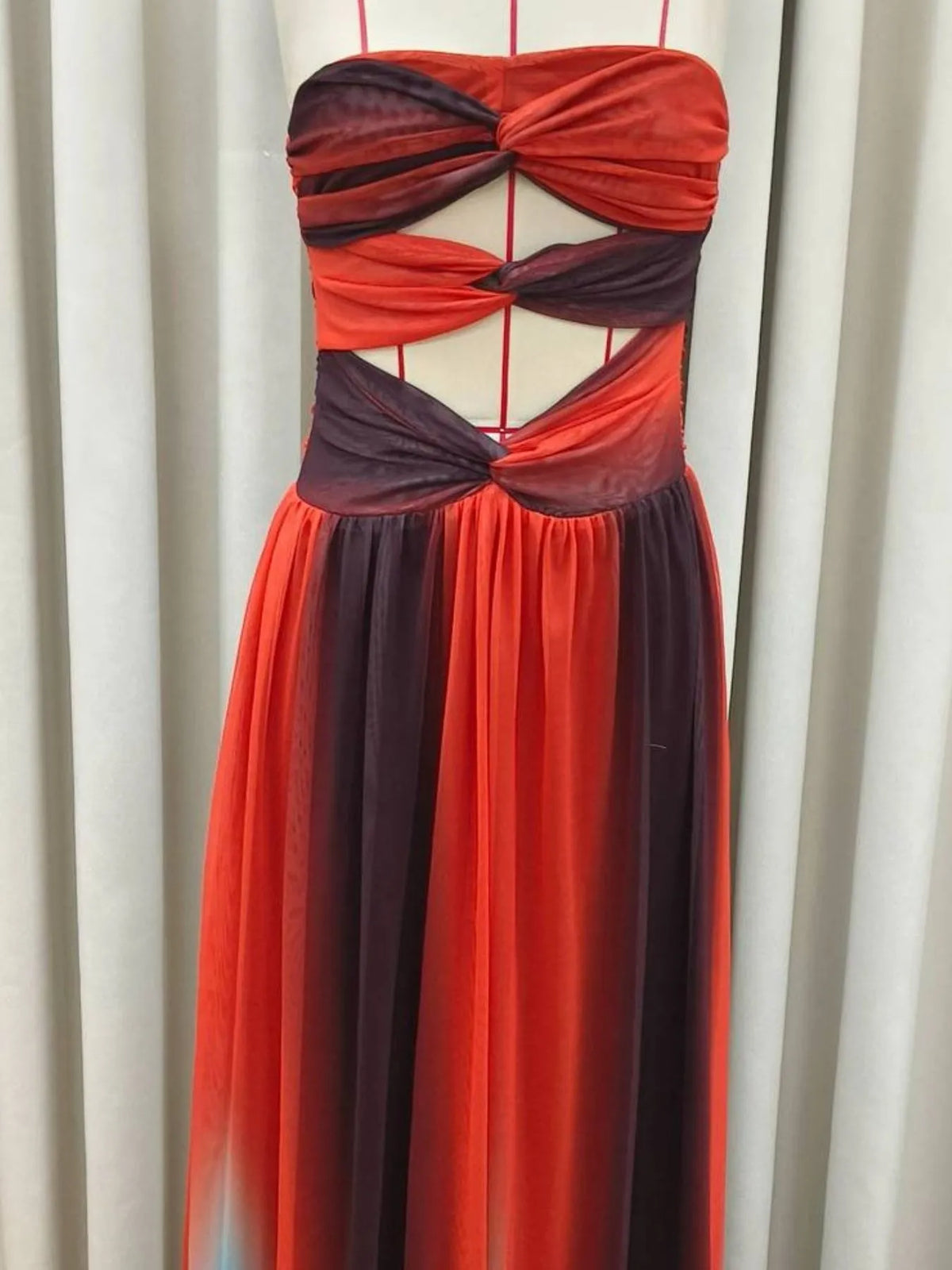 Ombre Strapless Twist Front Cut Out Flowy Maxi Dress 4