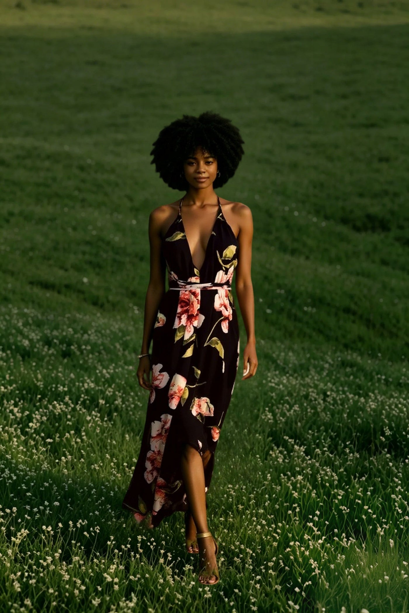 Summer Floral Pleated Backless Robe Evenning- Midi Dresses