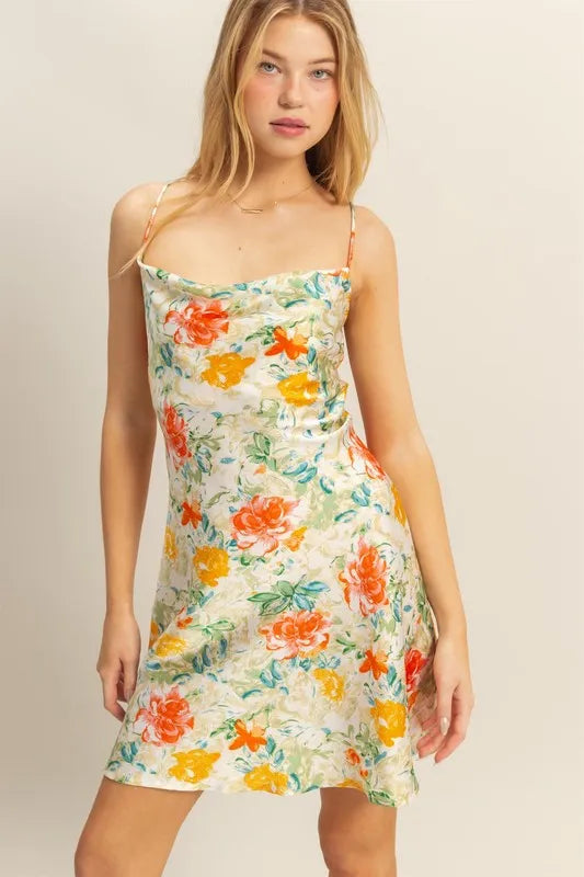 Floral Print Satin Cowl Neck Spaghetti Strap Flared Mini Dress 2