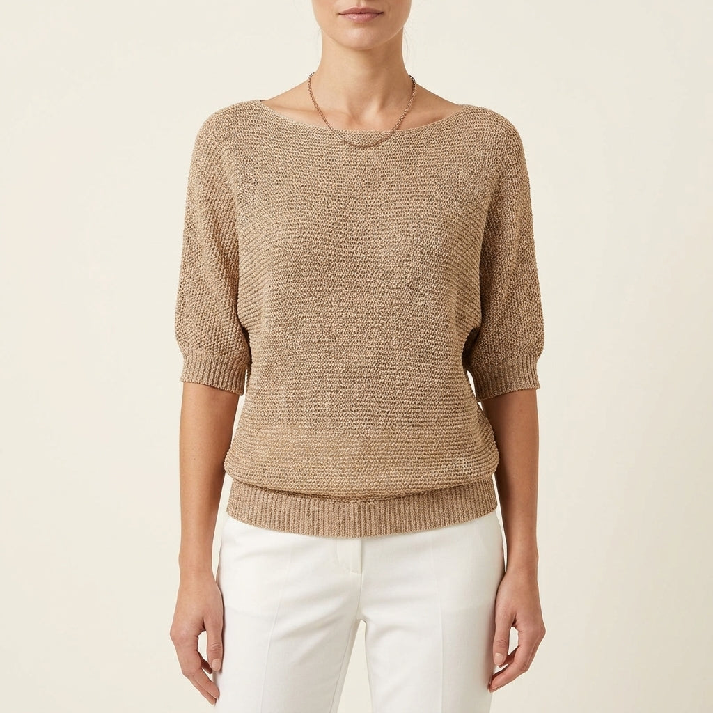 Boat Neck Short Sleeve Ribbed Hem Knit Sweater