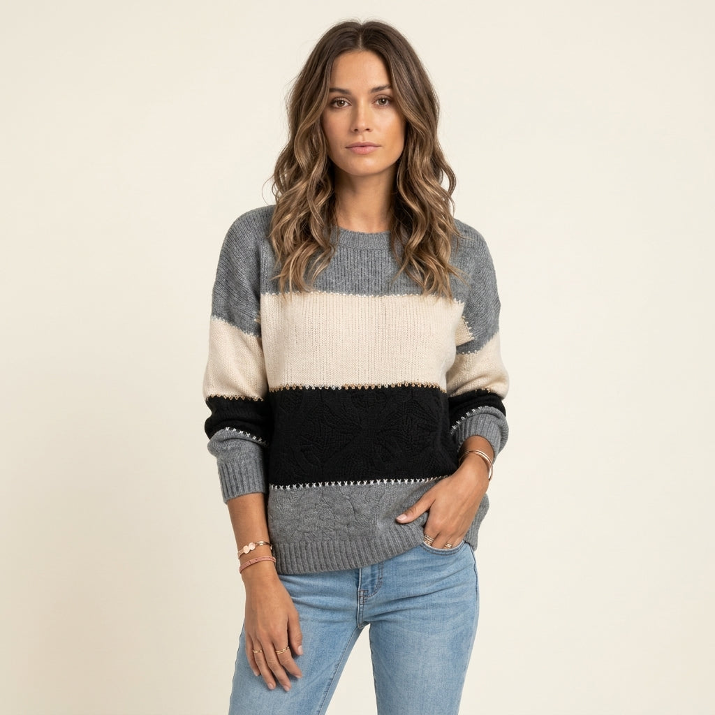 Colour Block Crew Neck Cable Knit Sweater