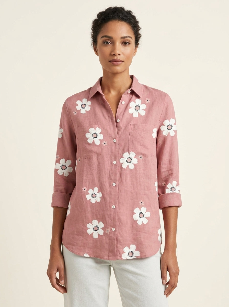 Daisy Floral Print Collared Long Sleeve Button Up Shirt