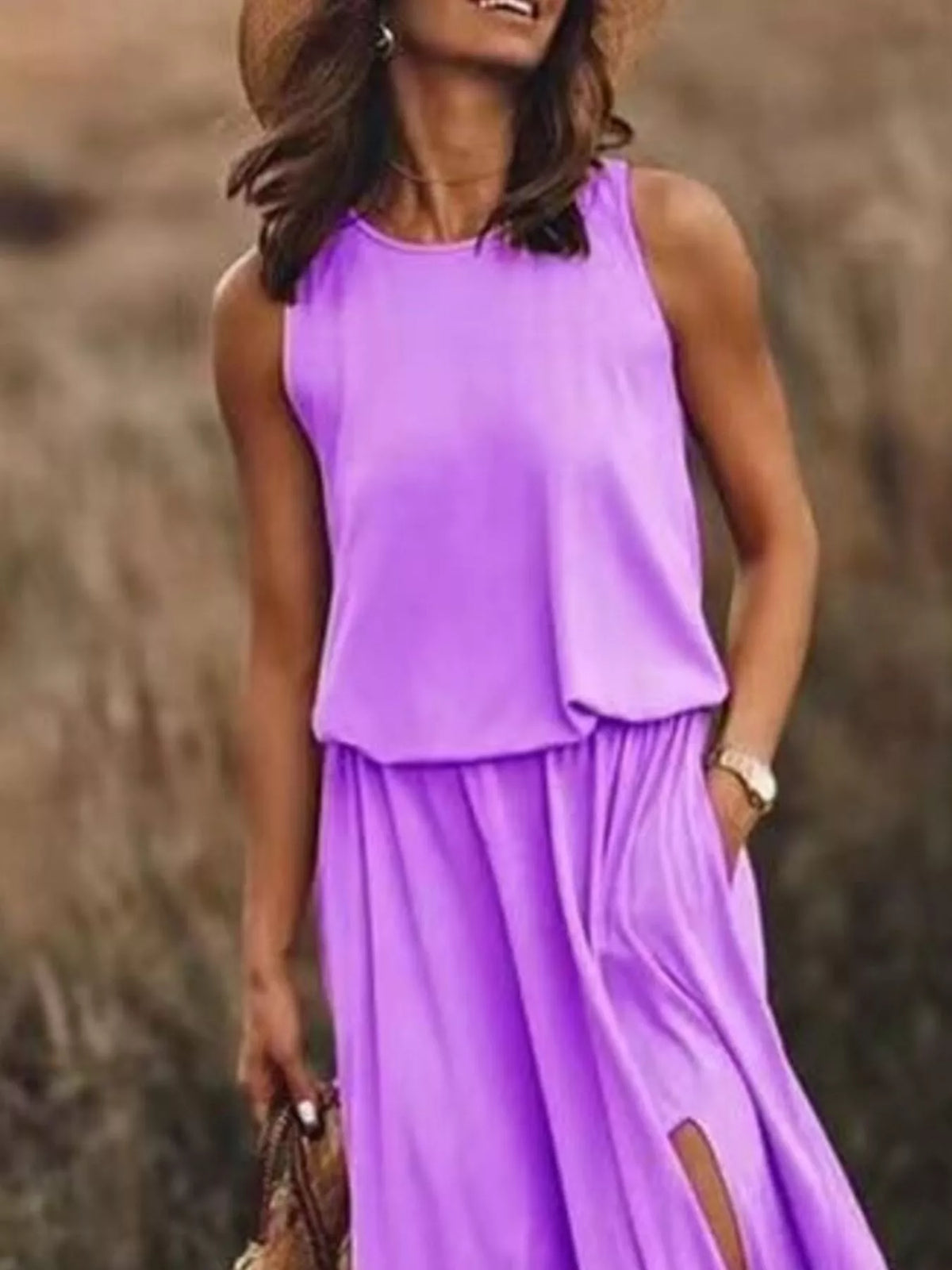 Round Neck Sleeveless Slit Maxi Dress