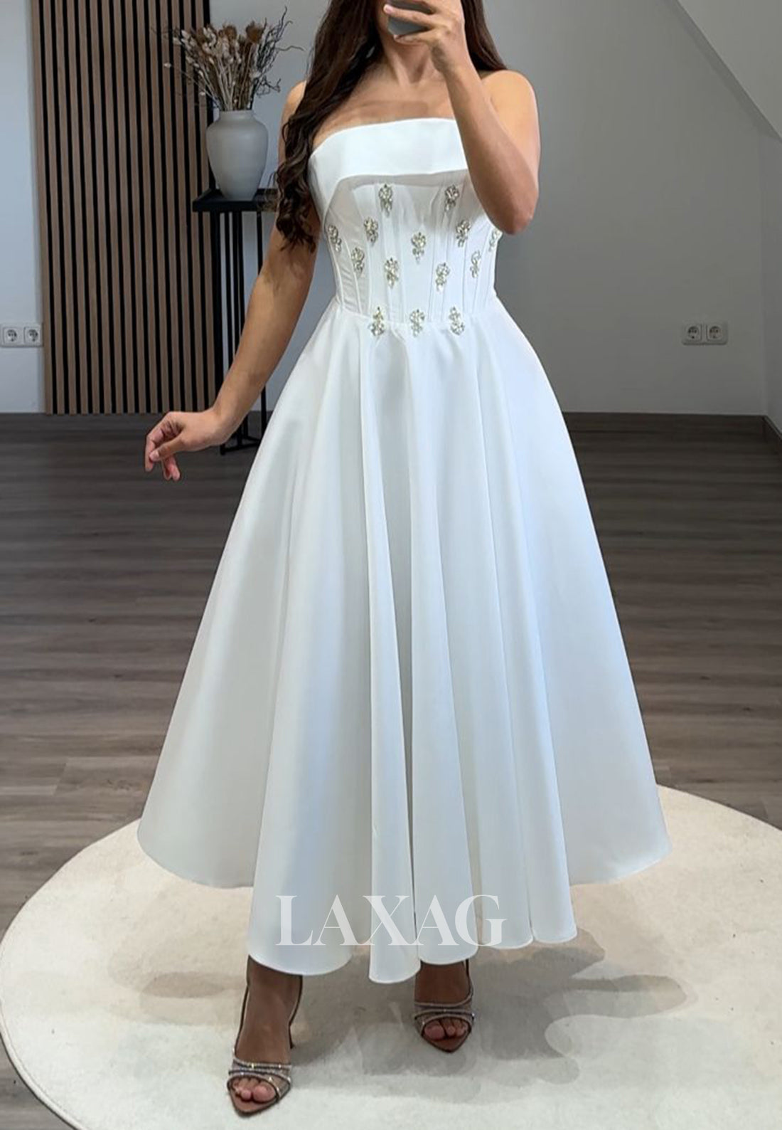 Tube Top Off-Shoulder Sleeveless A-Line Prom Dress Beaded Pleated Satin Midi Evening Gowns