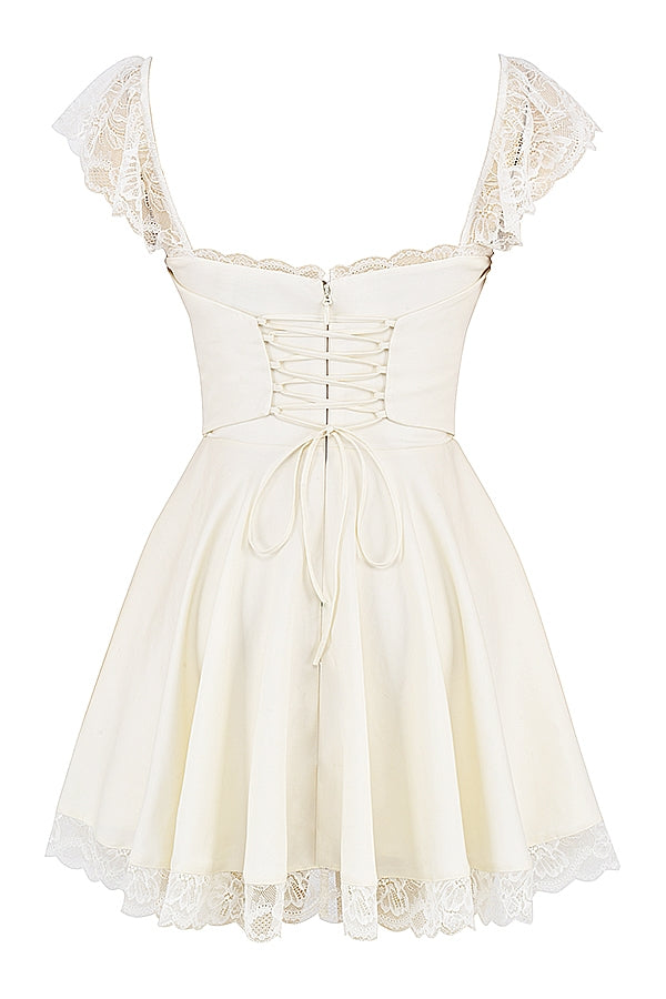 Lace Trim Square Neck Cap Sleeve Ruched Bust A-Line Mini Dress 16