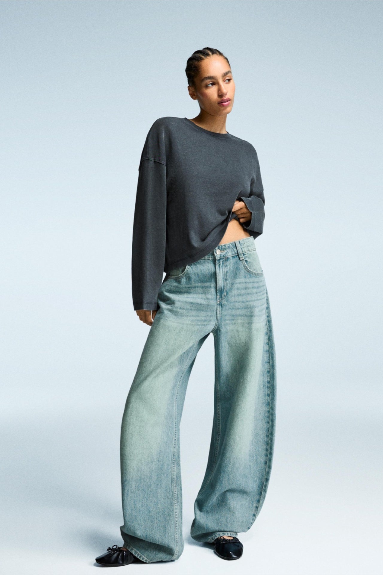High-Waist Vintage Washed Wide-Leg Denim Jeans