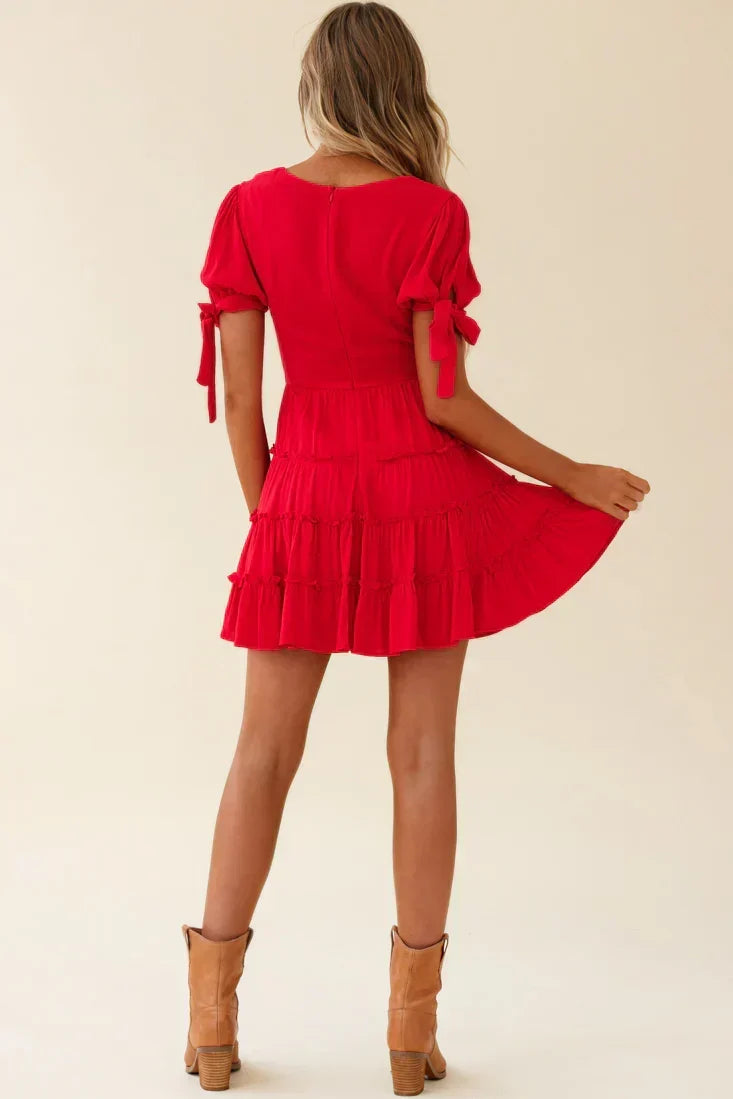 V-Neck Tie Cuff Puff Sleeve Tie Waist Tiered Ruffle Mini Dress 2