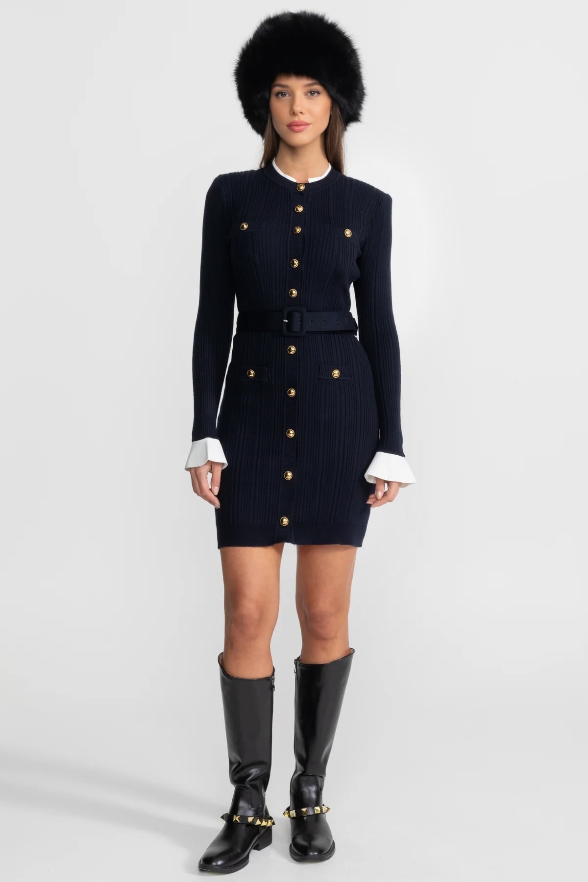 Ribbed Knit Button Front Belted Long Sleeve Contrast Cuff Bodycon Mini Dress 2