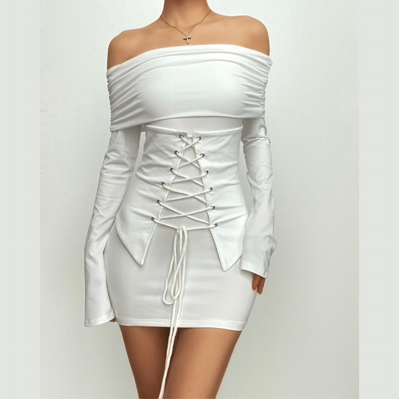 Off Shoulder Fold Over Long Sleeve Lace Up Corset Bodycon Mini Dress